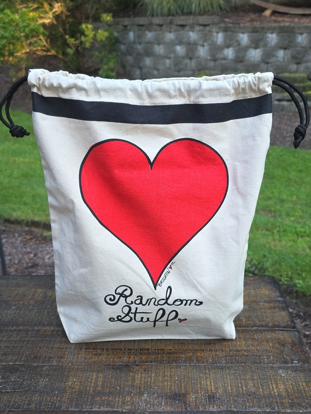 Brighton Canvas Drawstring Bag with Red Heart and Black Trim